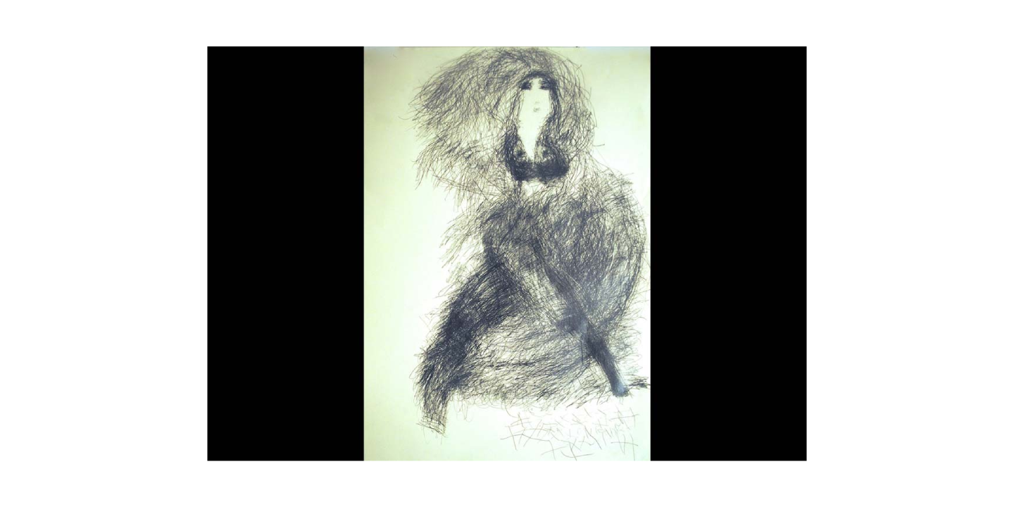 A whimsical pencil drawing of a woman made from short, gestural marks with varying density.