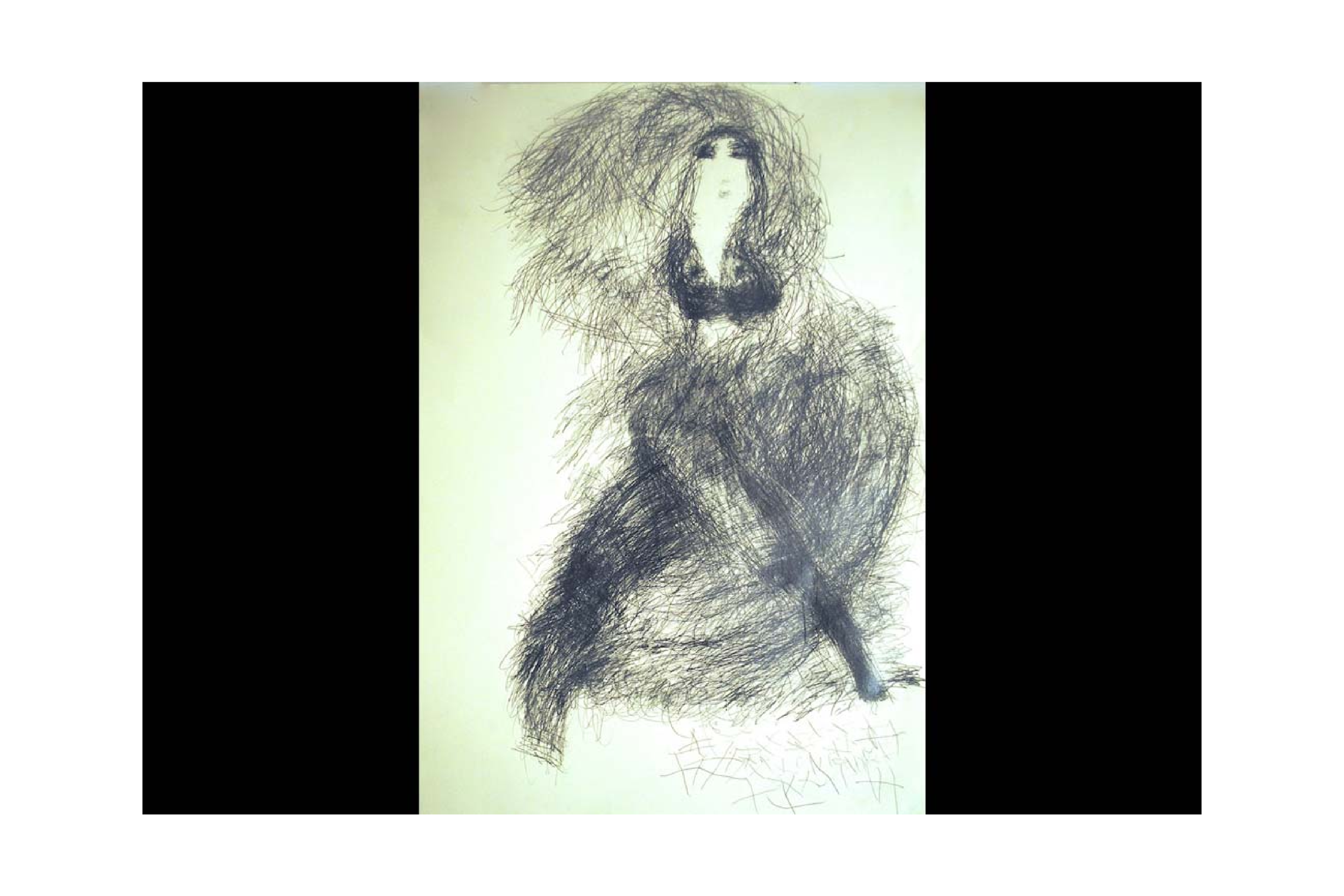 A whimsical pencil drawing of a woman made from short, gestural marks with varying density.