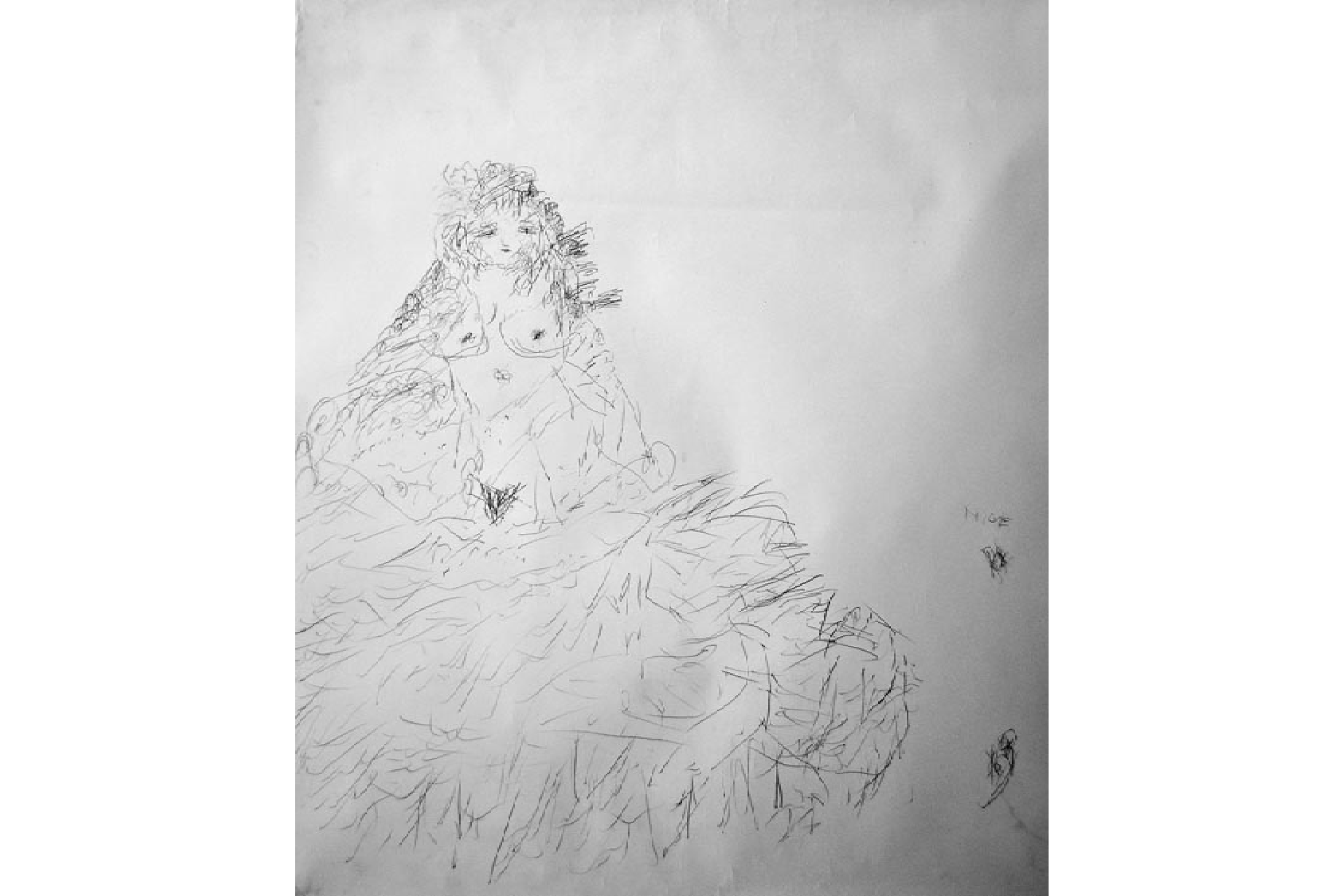 A whimsical pencil drawing of a woman made from short, gestural marks.