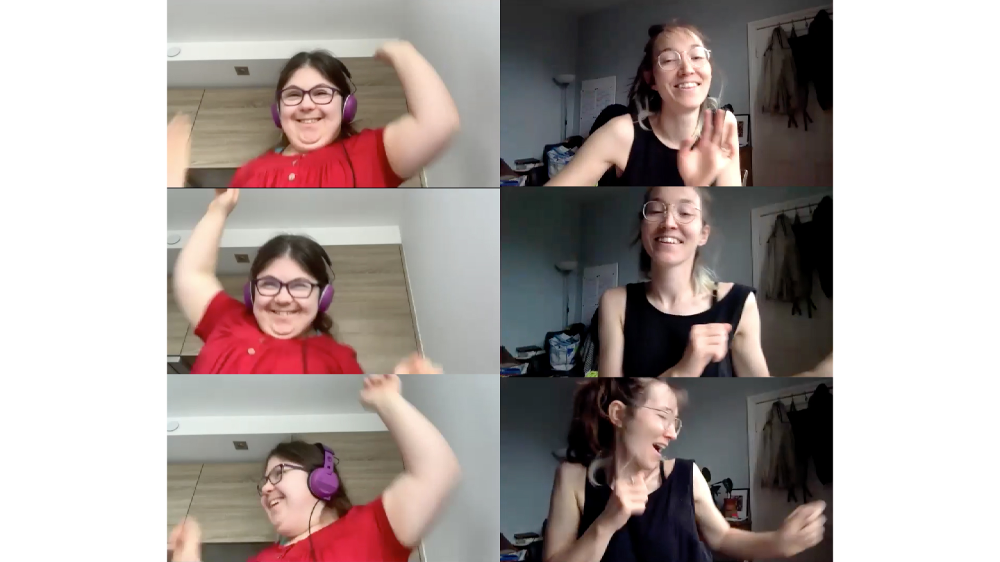 A photo montage made of Zoom call screenshots showing two women dancing over video calls in three sequence images.