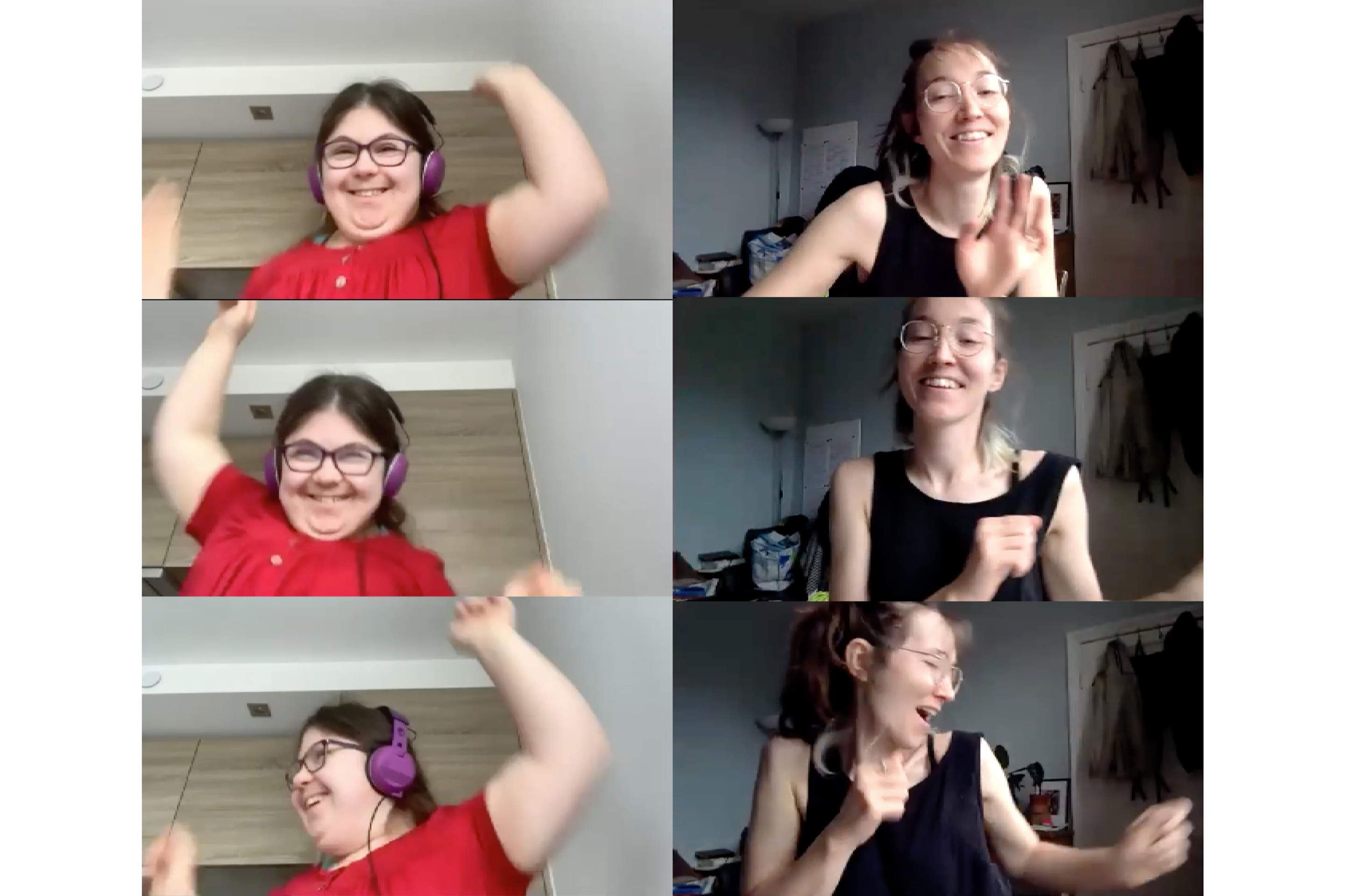 A photo montage made of Zoom call screenshots showing two women dancing over video calls in three sequence images.