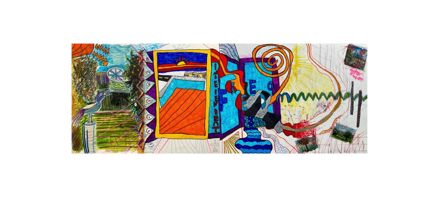 A multimedia drawing with a bird on a plinth looking towards a surrealist landscape.