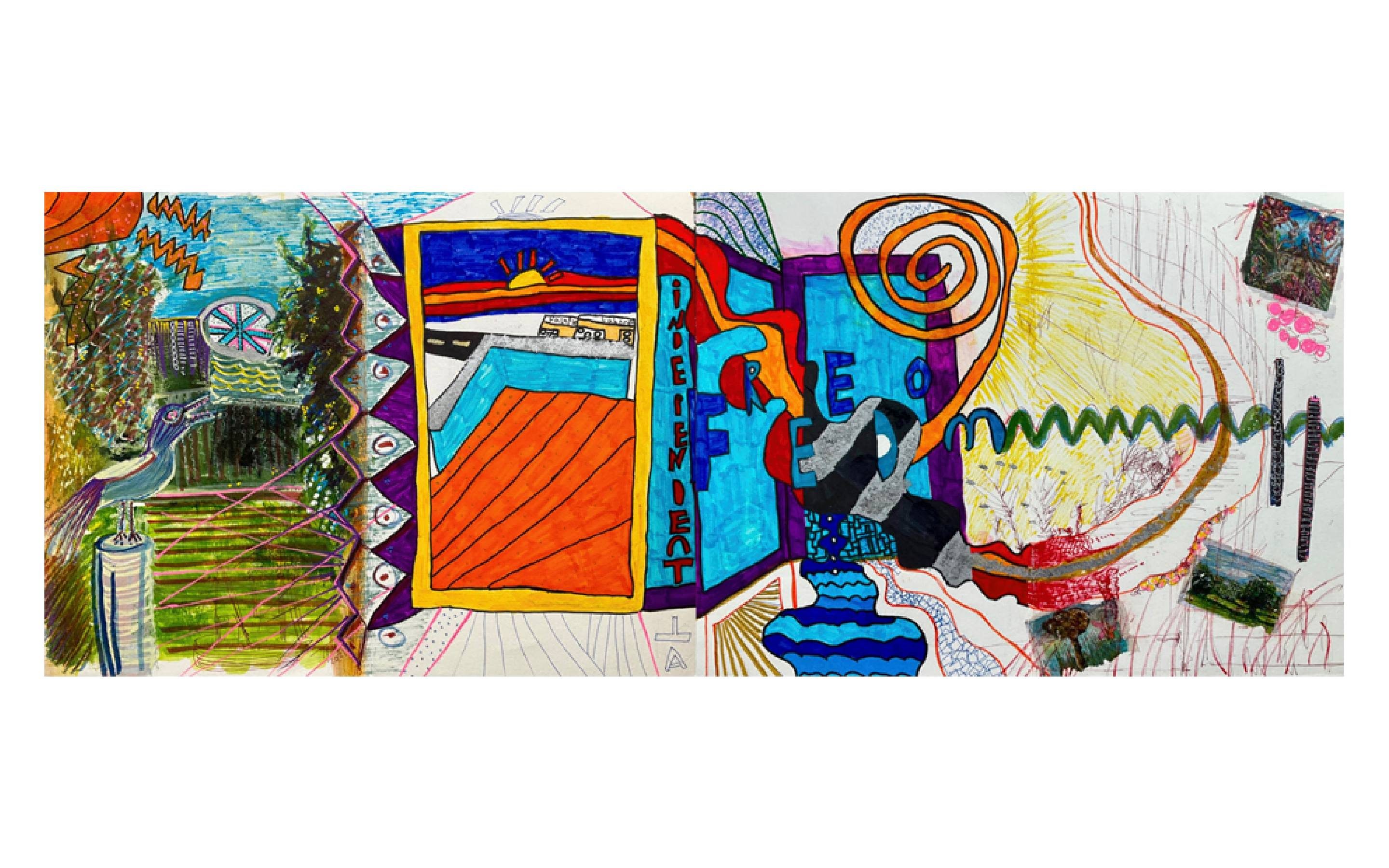 A multimedia drawing with a bird on a plinth looking towards a surrealist landscape.