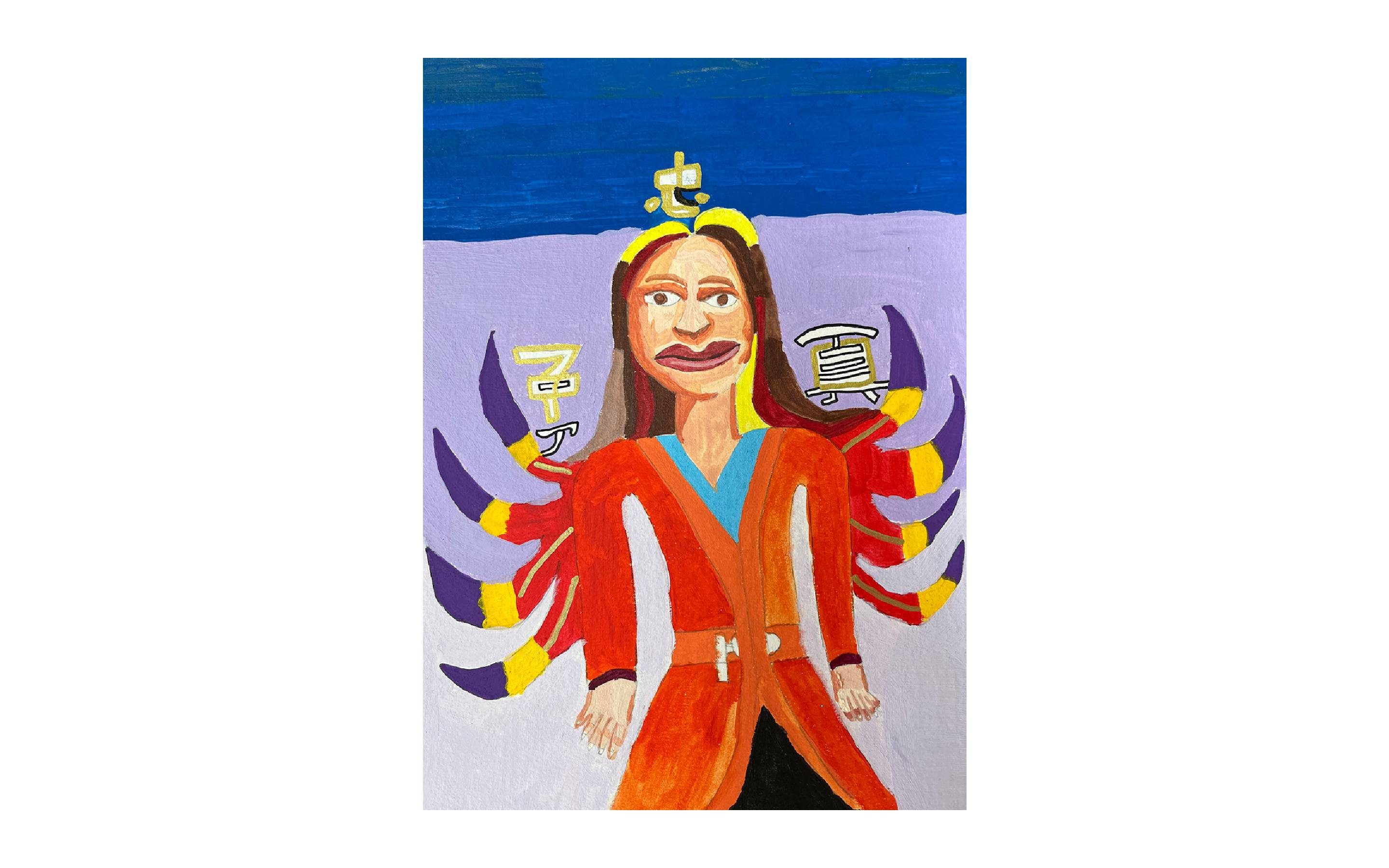 A painting of Disney character Mulan wearing a red dress with purple tipped wings.
