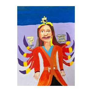 A painting of Disney character Mulan wearing a red dress with purple tipped wings.