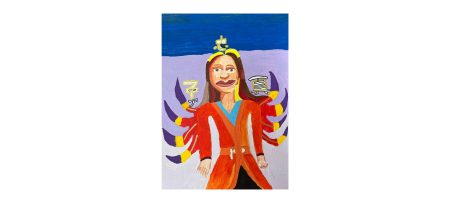A painting of Disney character Mulan wearing a red dress with purple tipped wings.
