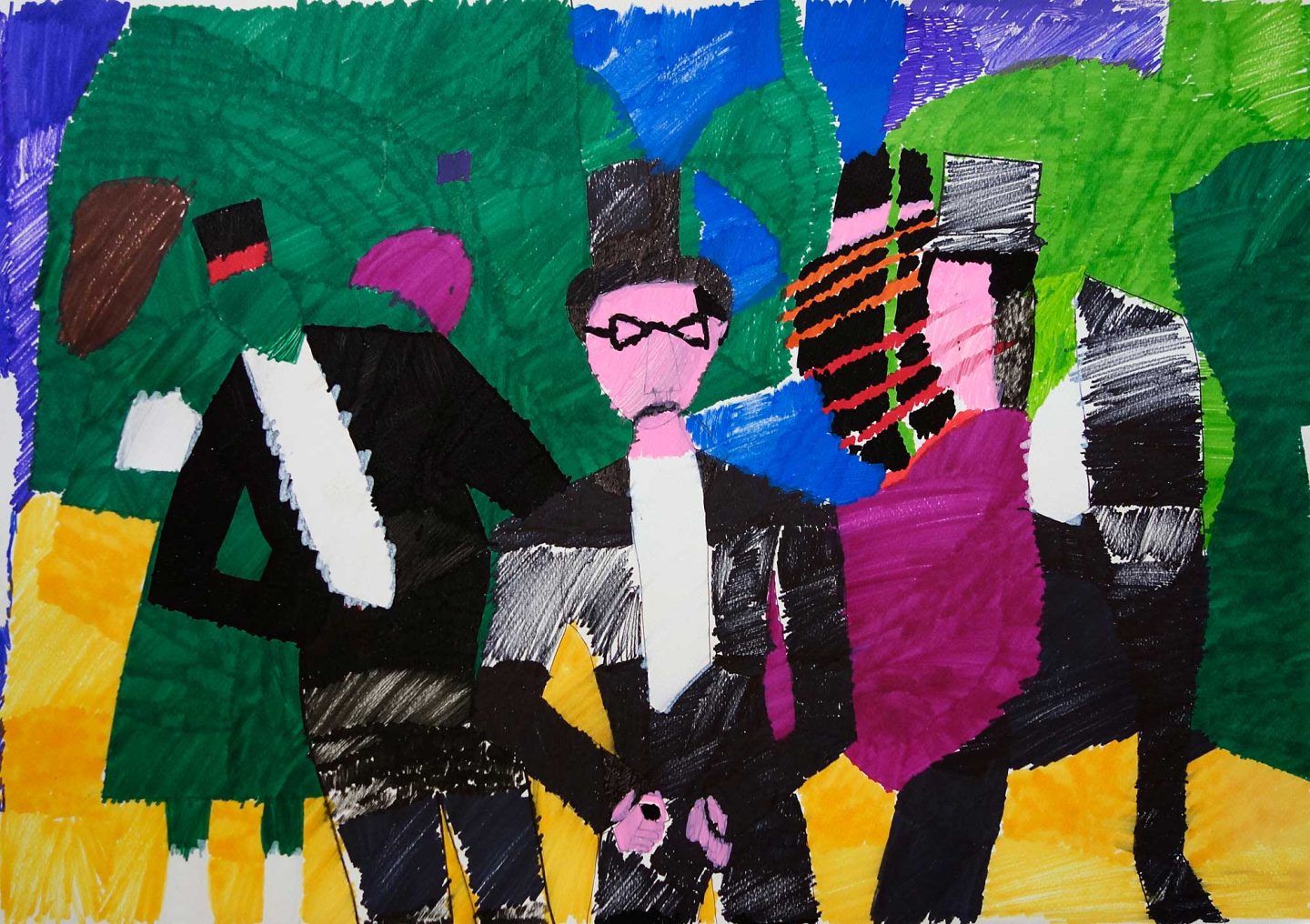 An artwork in marker pen or abstract figures in front of green trees. The central figure has a pink face and wears a black suit, top hat, and glasses.