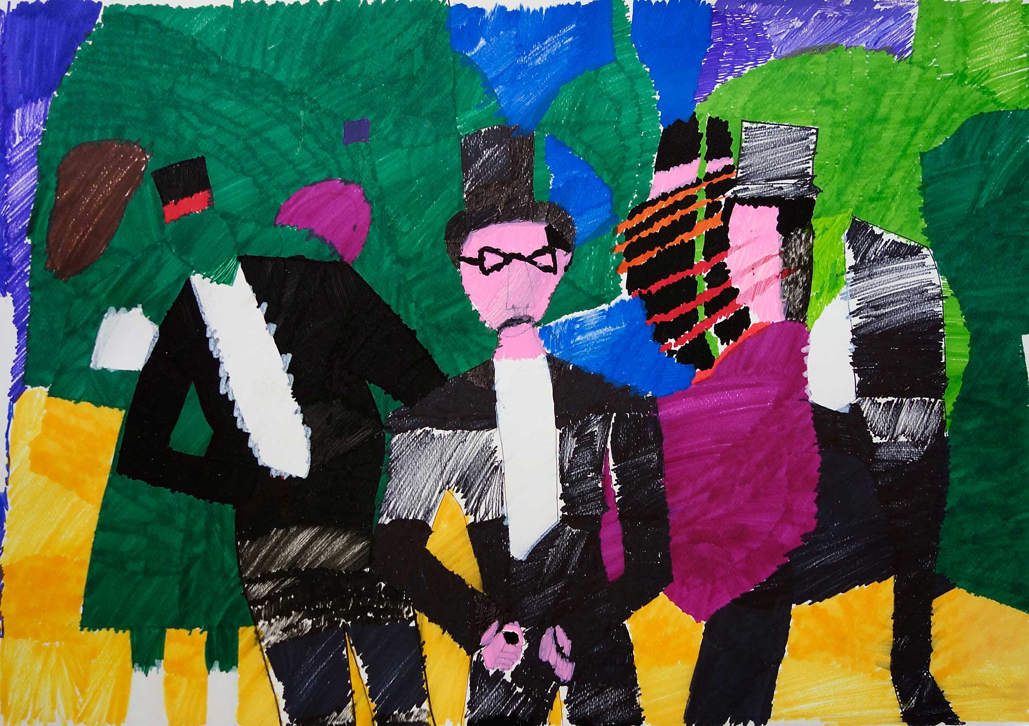 An artwork in marker pen or abstract figures in front of green trees. The central figure has a pink face and wears a black suit, top hat, and glasses.