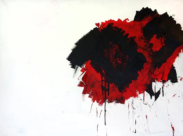 An abstract painting with two red and black rosette shapes on the right side.