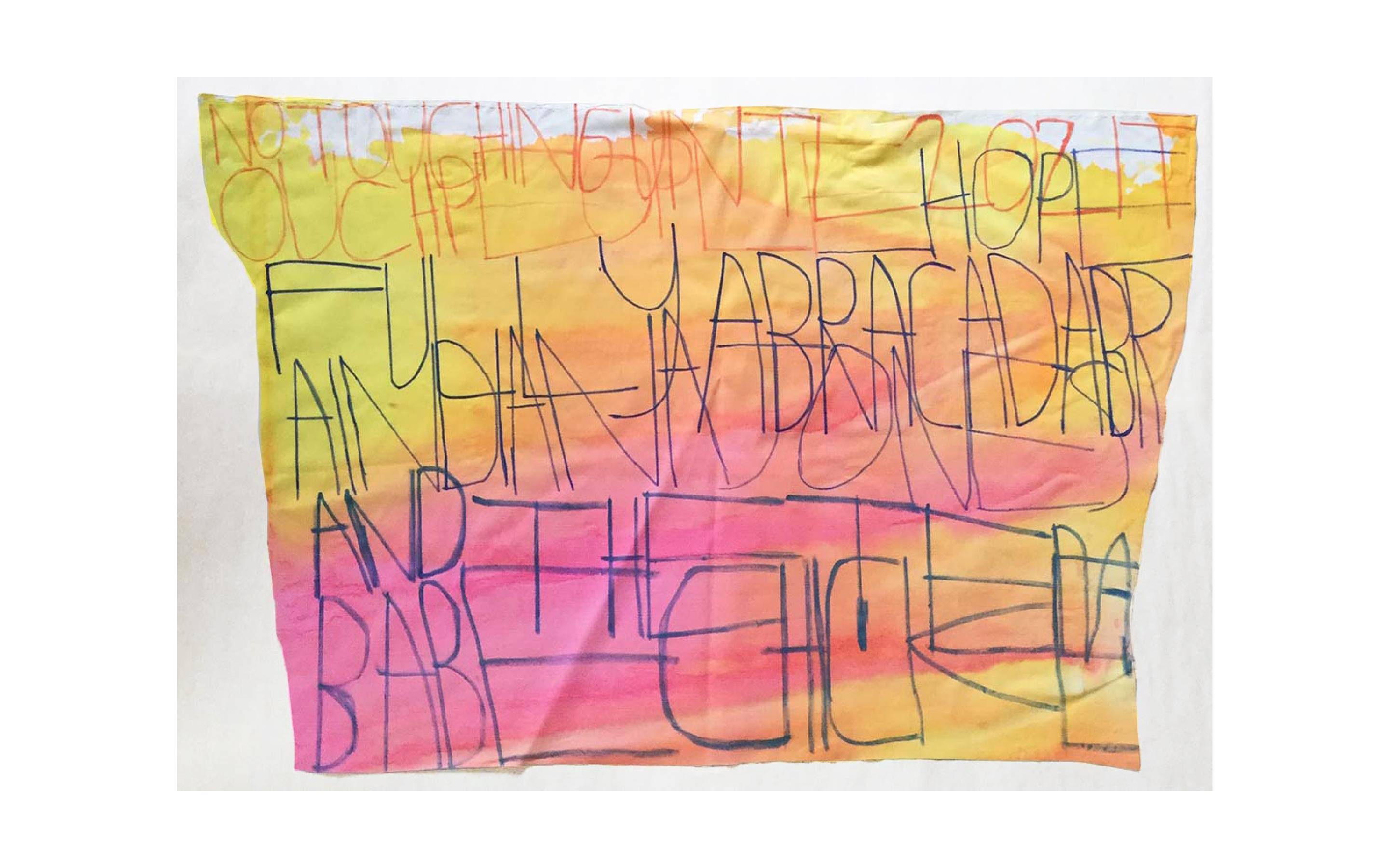 Multicoloured inks on paper with text written across in landscape. the paper has an irregular shape. The words "no touching" stand out in the top left corner.