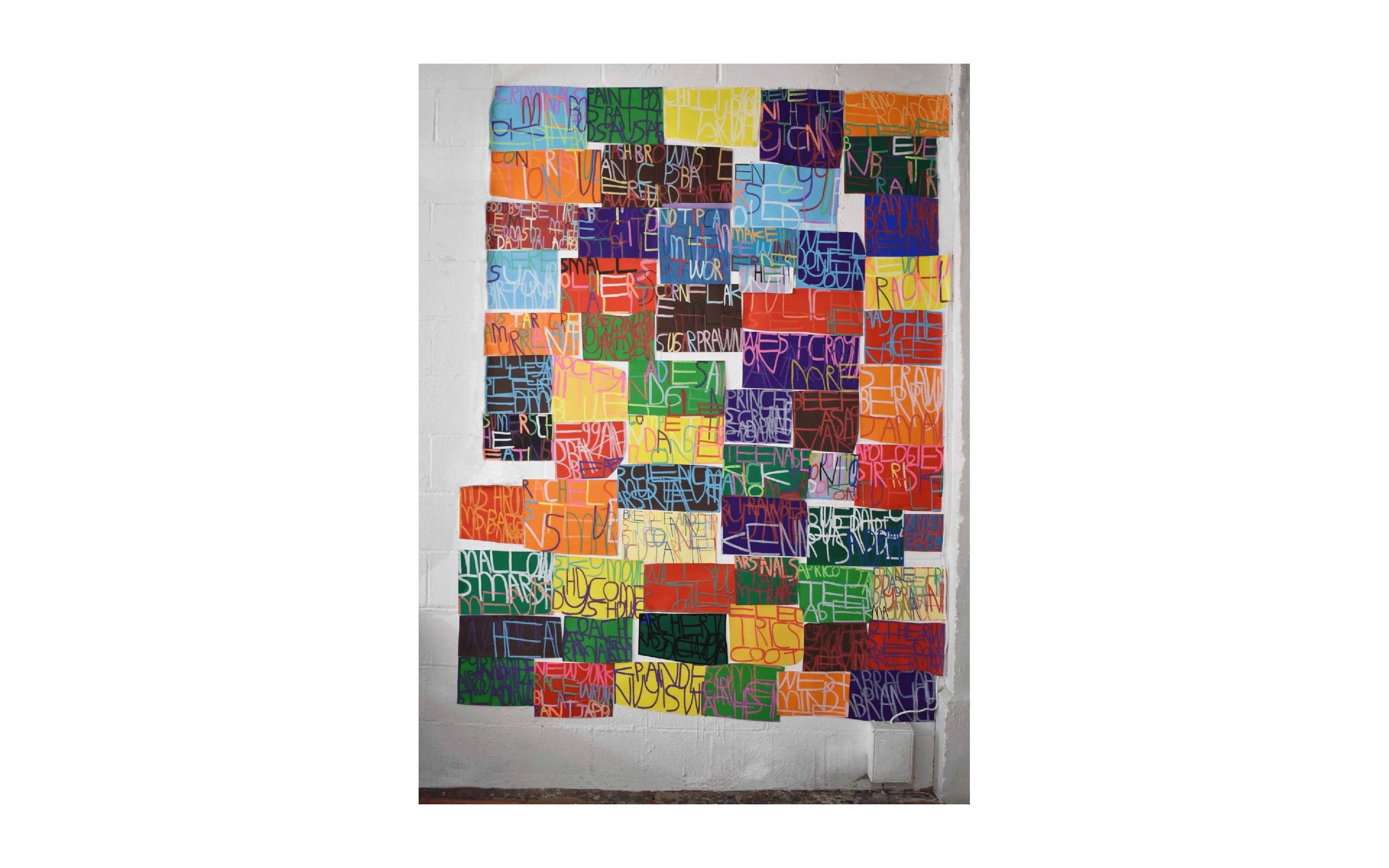A collage of several dozen artworks by ActionSpace artist Patrick Moses. The works are text based drawings in marker pen on coloured paper.