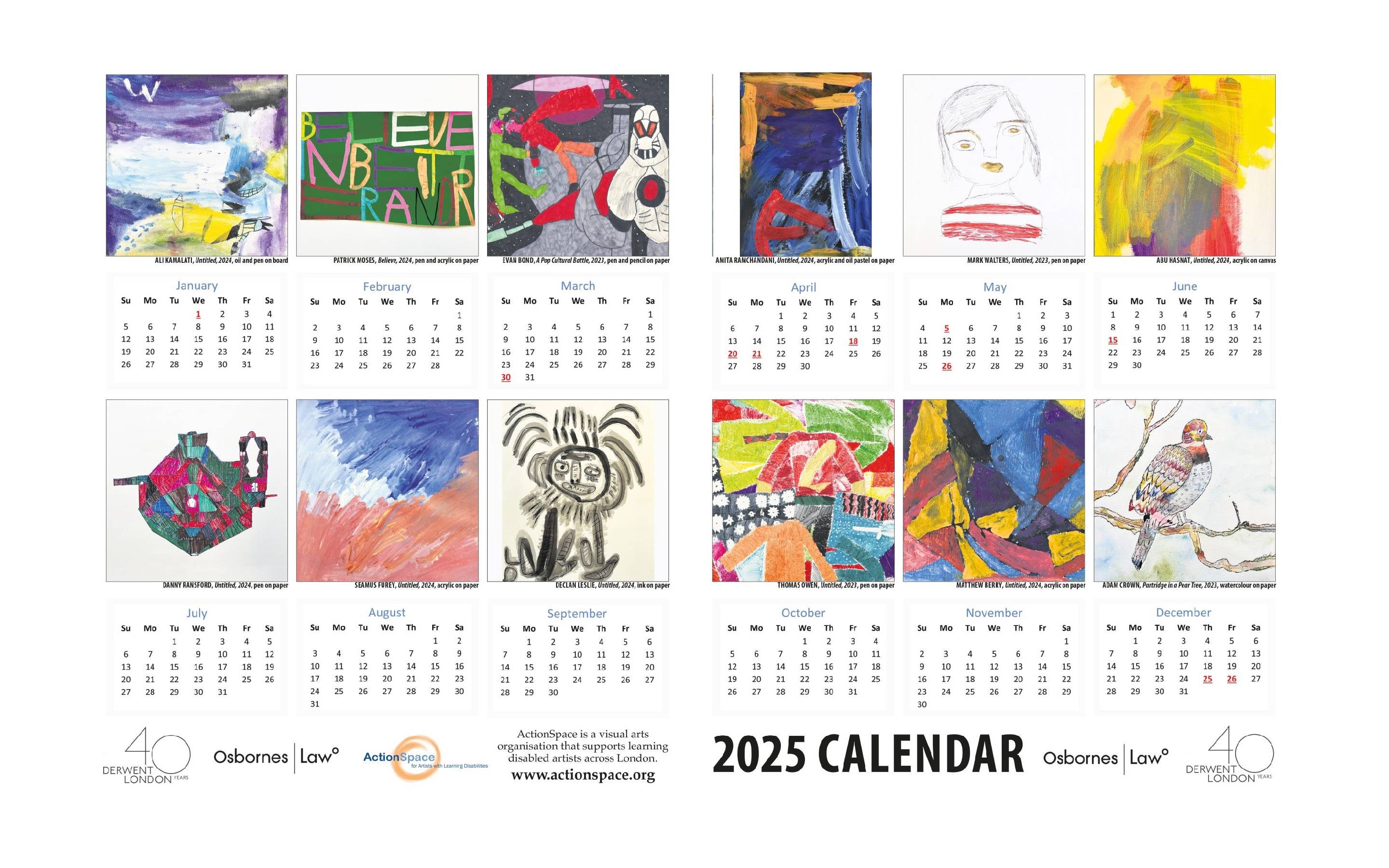 A calendar featuring the artworks of ActionSpace artists.