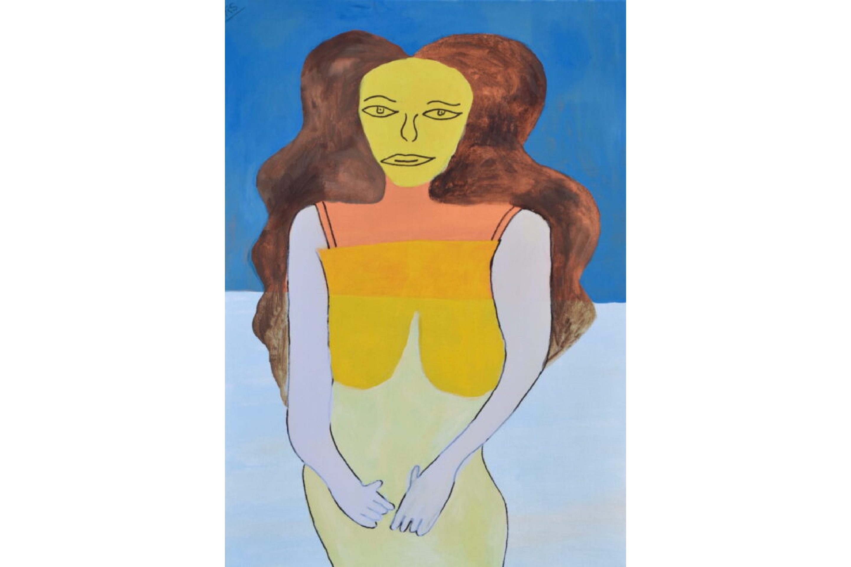 A portrait painting of a woman with brown hair and an orange and yellow striped gradient dress in front of a two toned blue background.