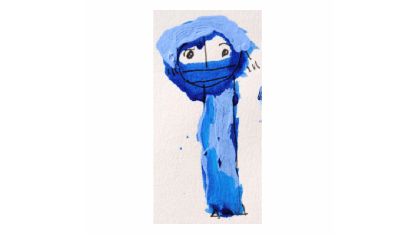A painting of an abstracted person in blue.