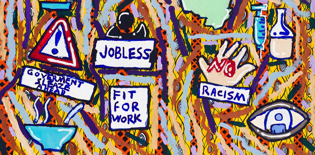 A painting with different symbols and text relating to inequality spread across a background made of painterly brush strokes, washi tape and printed eyes.