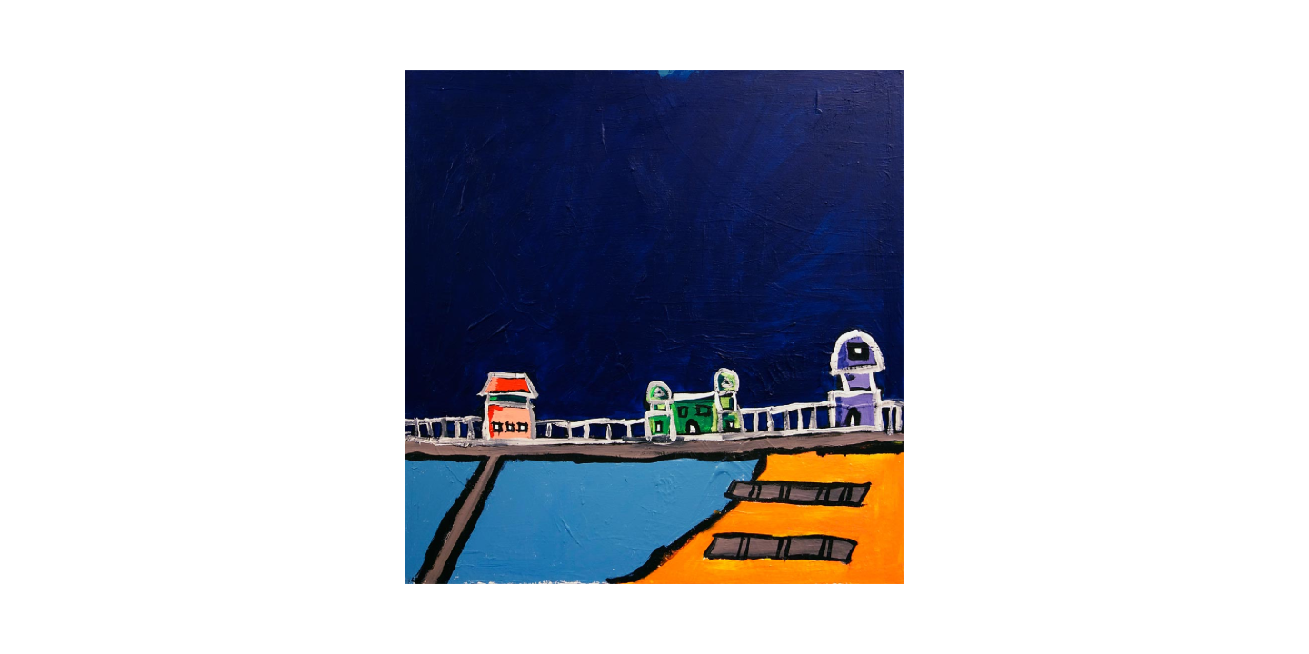 A block colour painting, with slight impasto, depicting a night scene with buildings.
