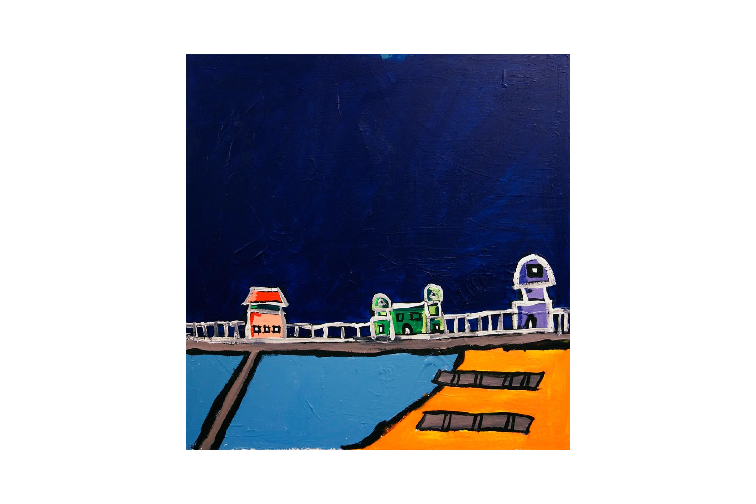 A block colour painting, with slight impasto, depicting a night scene with buildings.