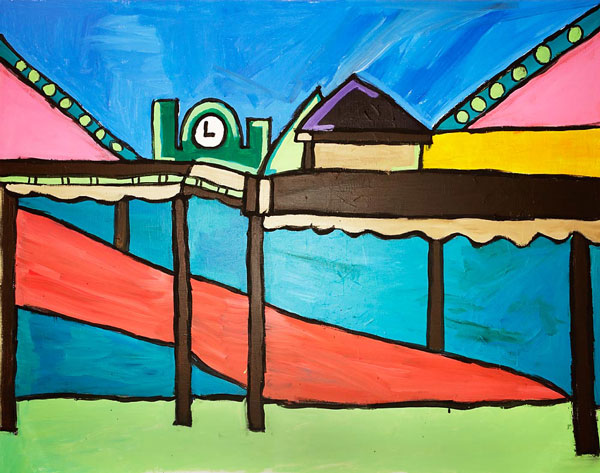 A bright, block colour painting of a pier with a clock building.