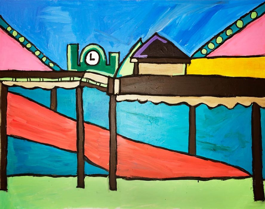 A painted piece of what appears to be a beach pier. It has a green clock in the middle, a red slide, a brown house lifted on stilts and pink triangles.