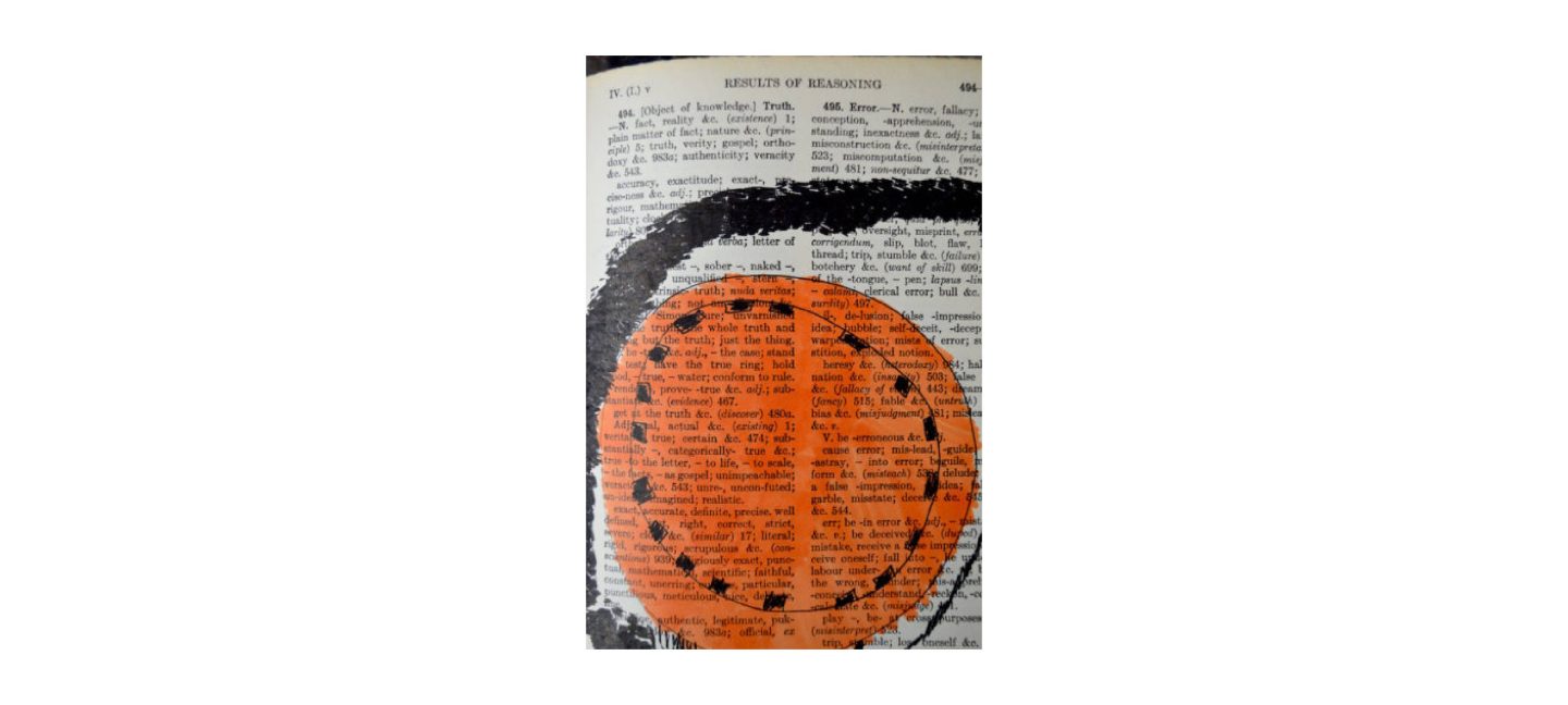 An artwork made on a page of a book. There is an orange circle positioned at the bottom of the page, with black dotted circular line inside. It has a thick black line spiralling out of it.