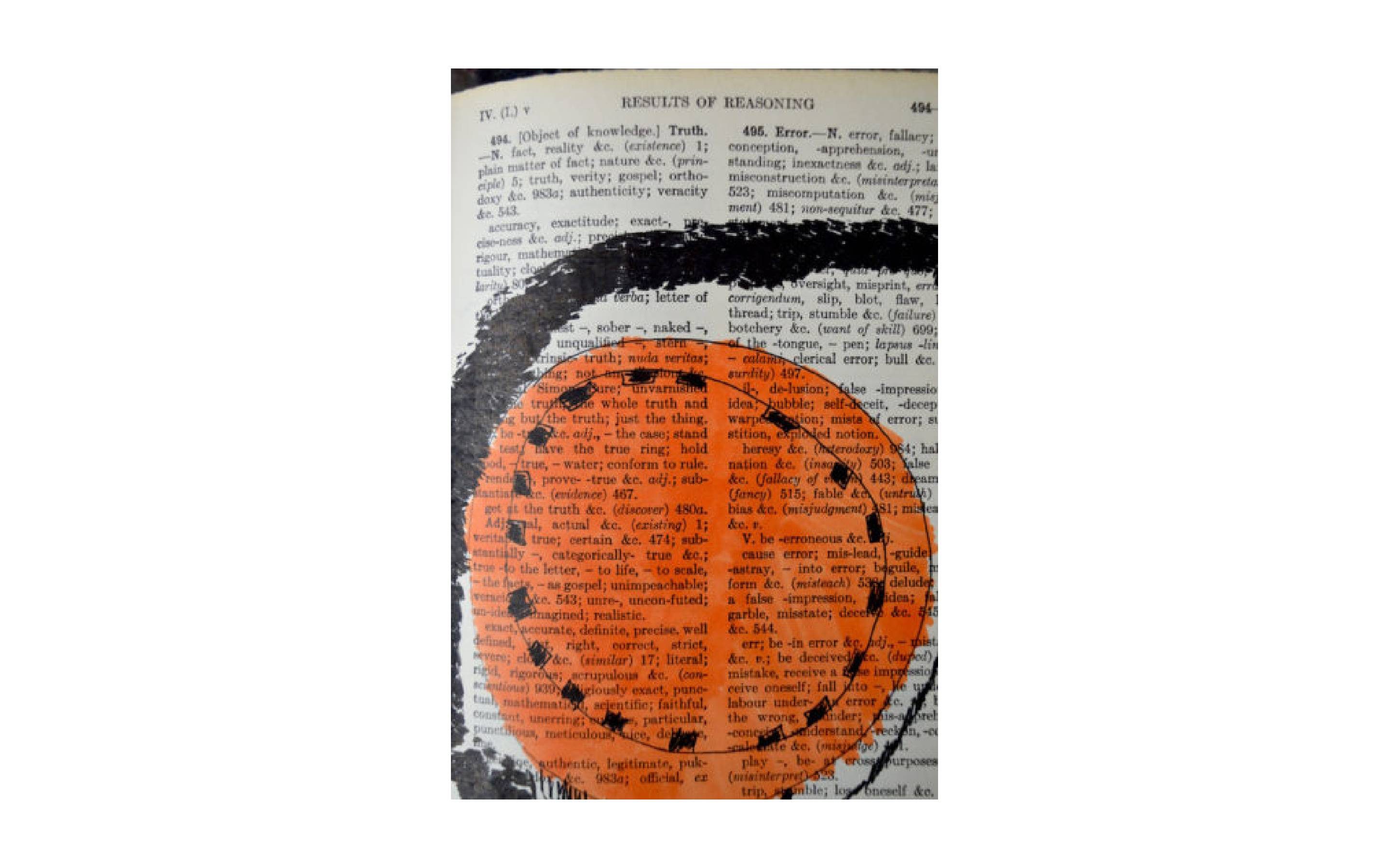 An artwork made on a page of a book. There is an orange circle positioned at the bottom of the page, with black dotted circular line inside. It has a thick black line spiralling out of it.