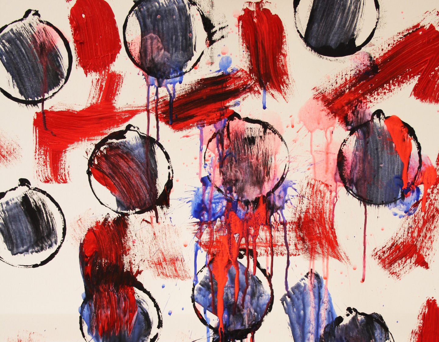 An ink painting, showing black circles with red, black and blue streaky paint in and around them.