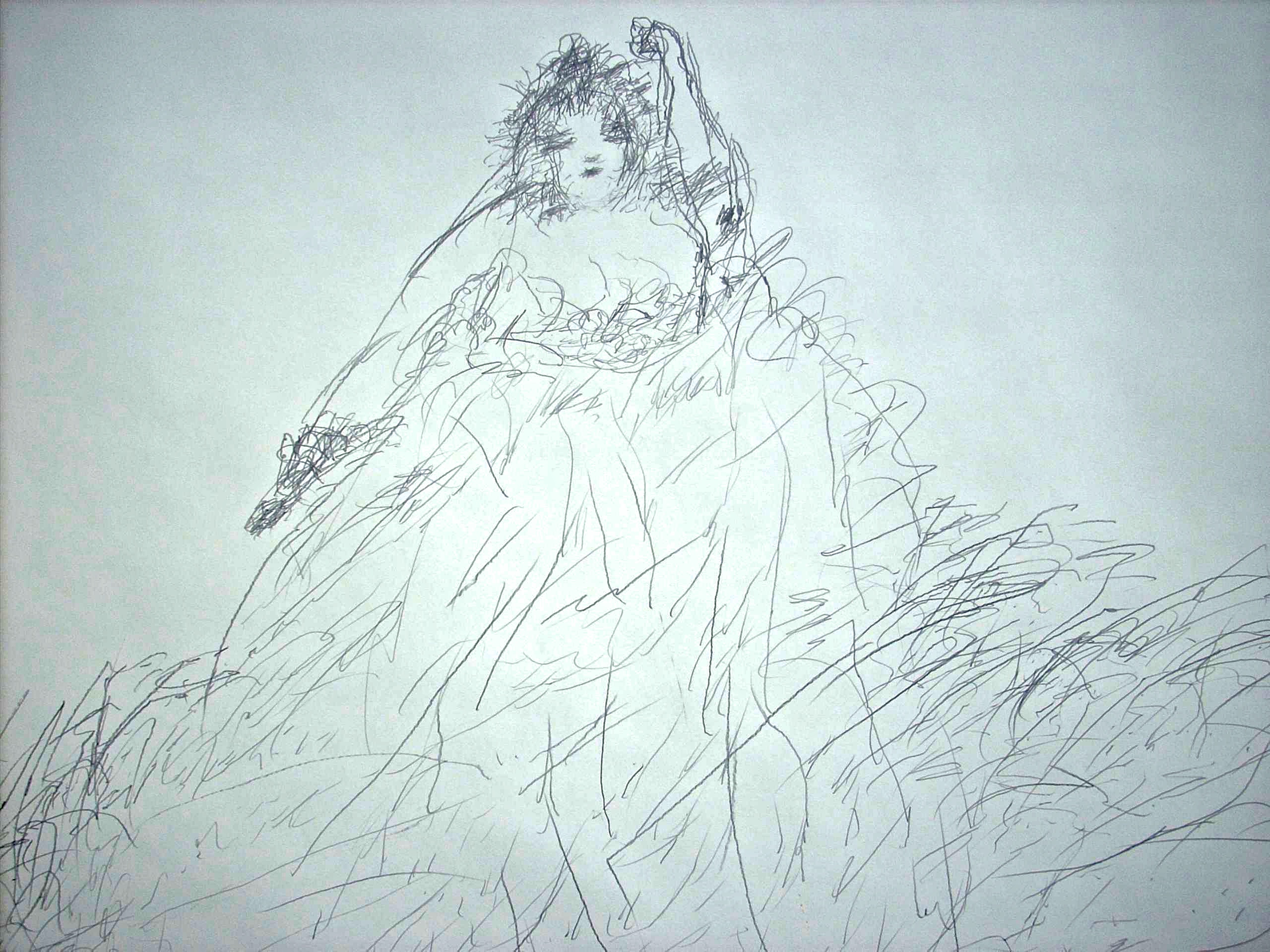 A whimsical pencil drawing of a woman made from short, gestural marks.