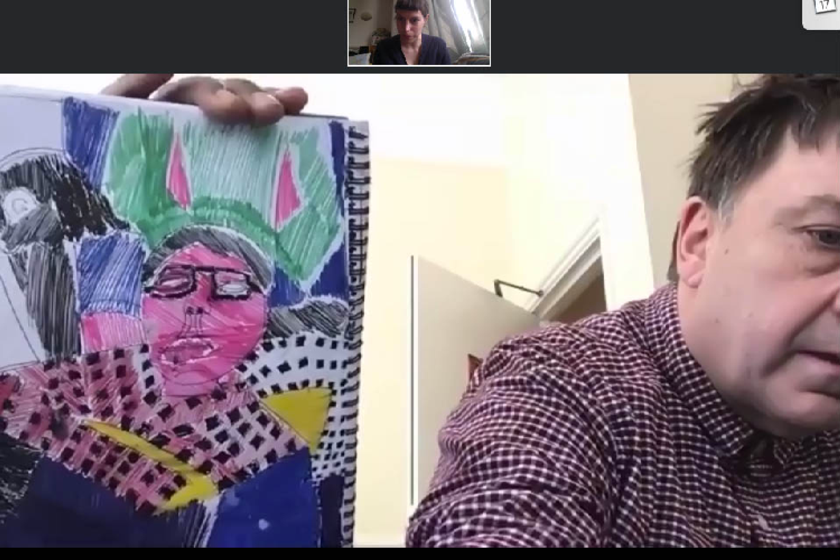A screenshot of artist Thomas Owen holding up a drawing to the camera on Zoom.