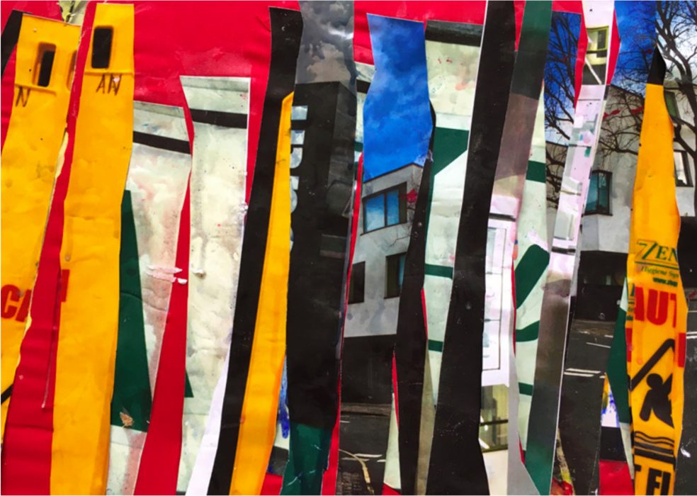 An artwork of strips of different photos, sewn together and hung vertically.