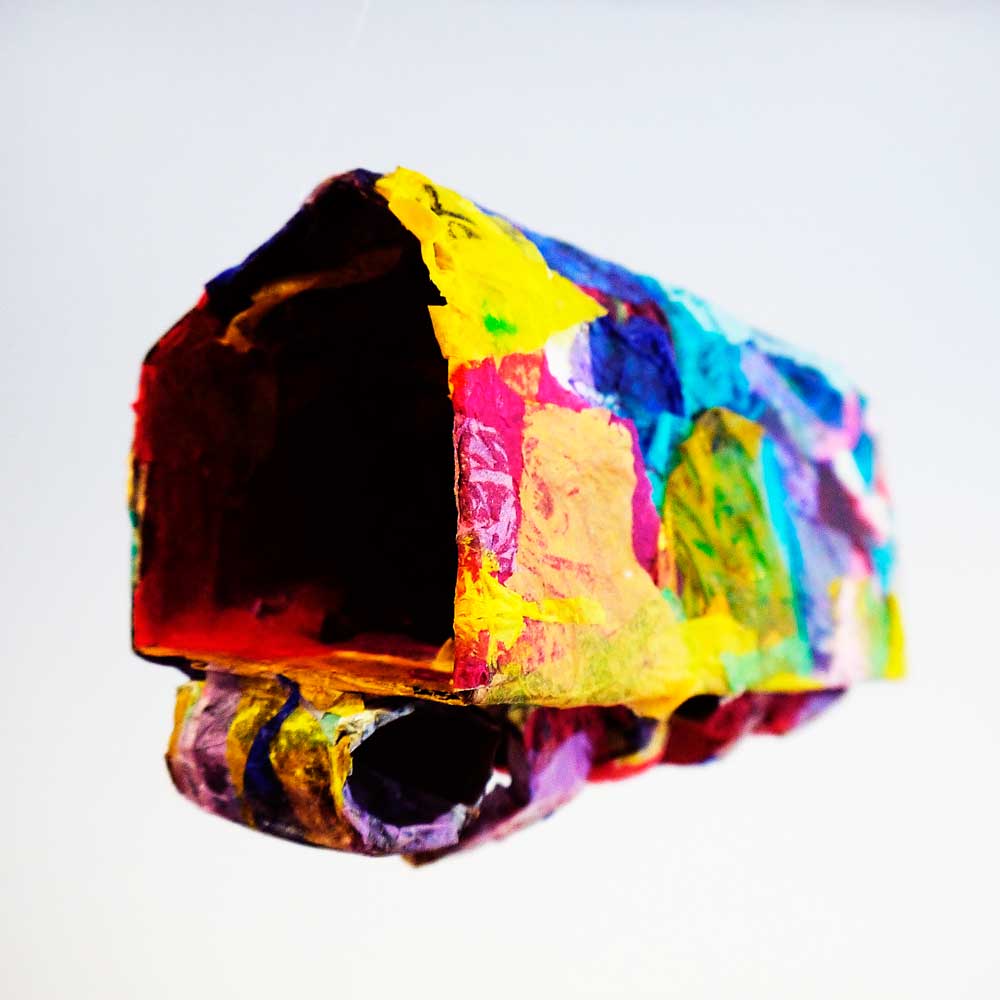 A colourful, bird box shaped sculpture.