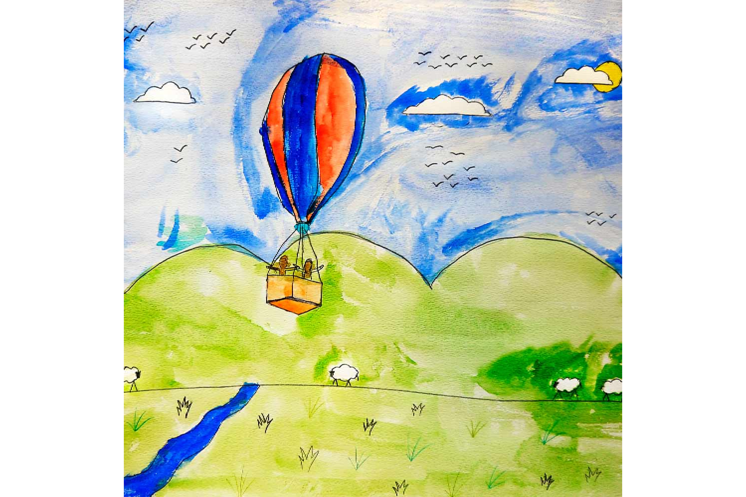 A watercolour painting of people riding a hot air balloon over a grassy valley with sheep and a stream.