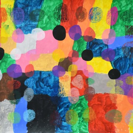 Abstract painting of colourful blocks with white, black, pink and purple dots over the top.