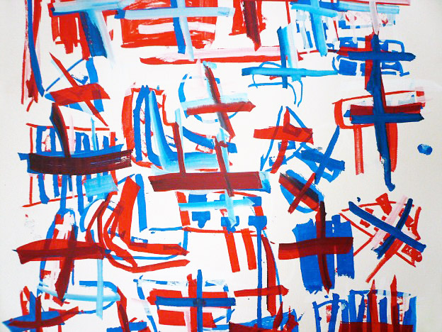 An abstract pen drawing on white paper with white, red and blue made up of overlapping gestural cross marks and loose framing lines.