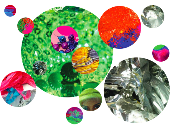 A collage picture of circles, each containing different images of colourful art materials.