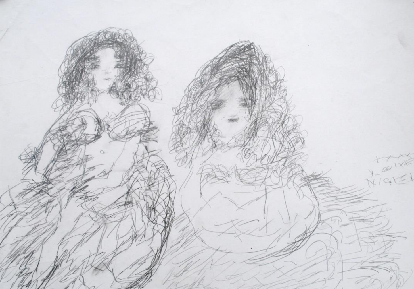 A drawing of two women in dresses, made with gestural, floaty pencil marks.
