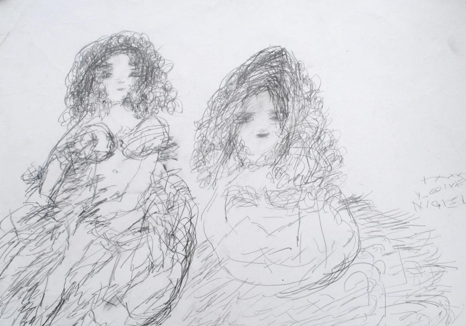 A drawing of two women in dresses, made with gestural, floaty pencil marks.