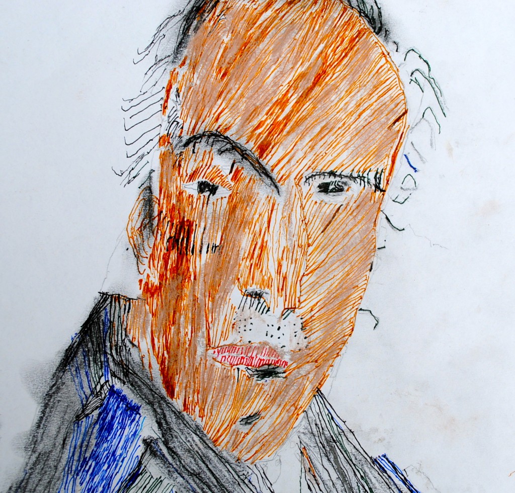 A marker pen drawing of a man, looking towards the camera with a face coloured orange.