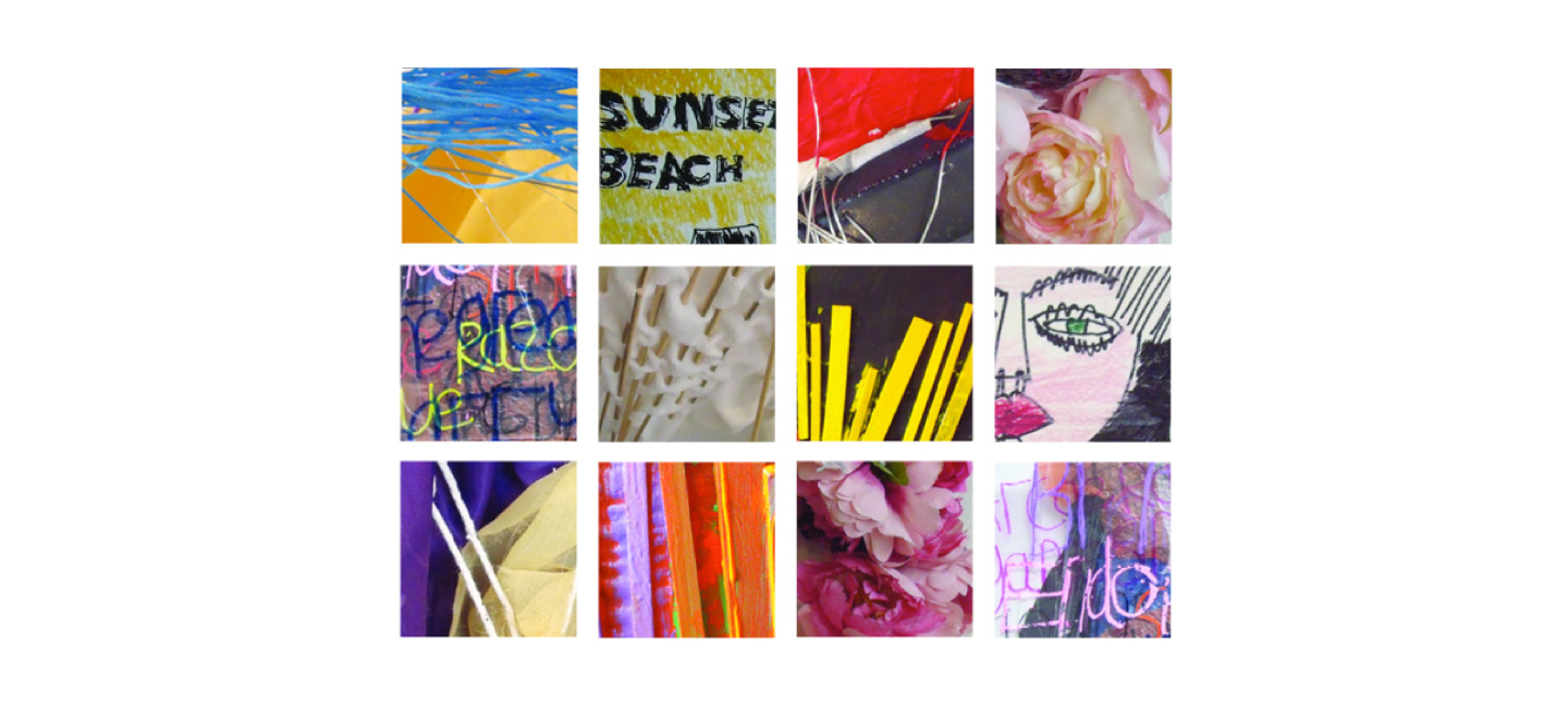 A poster featuring twelve tiles of close ups of artworks.