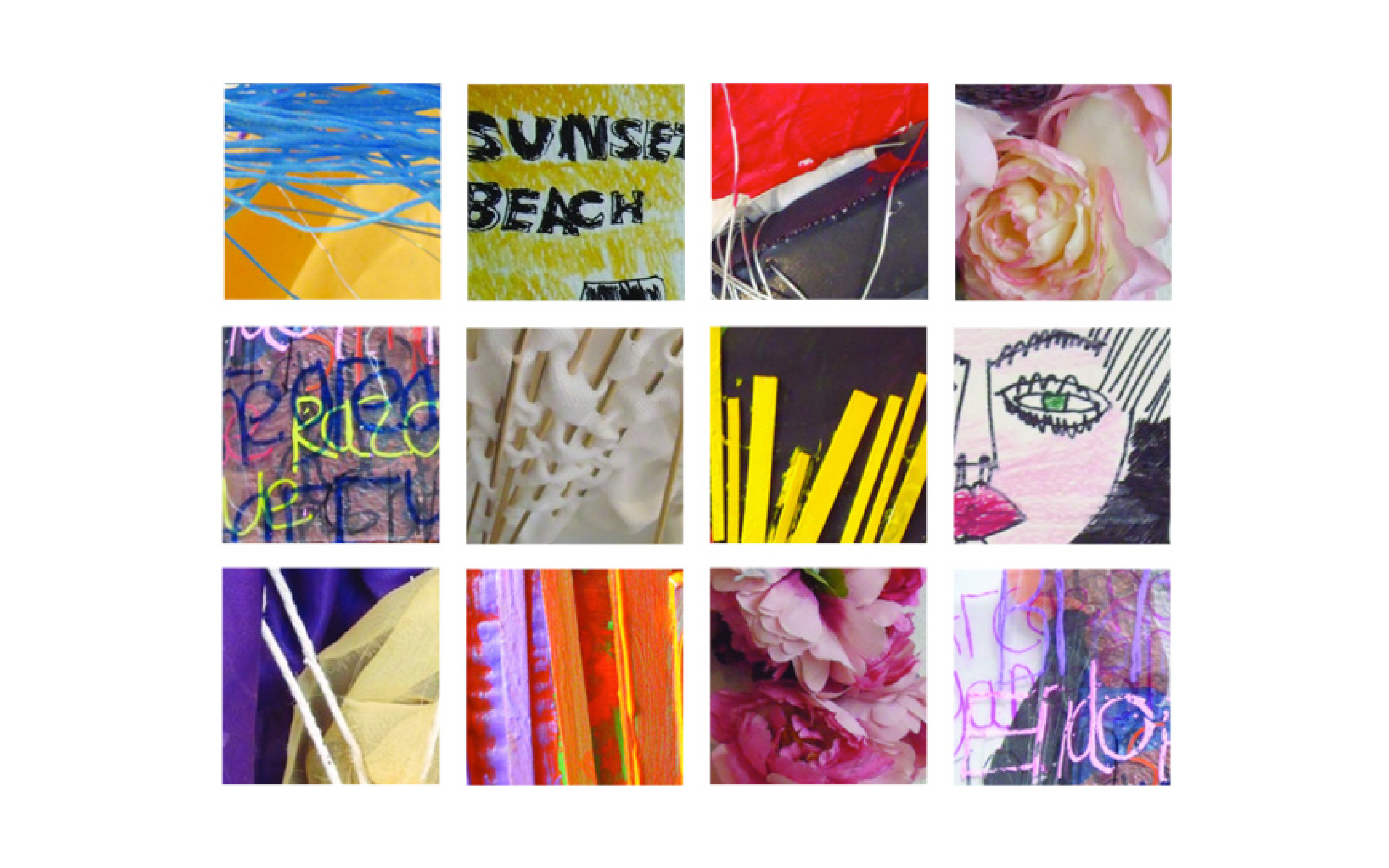 A poster featuring twelve tiles of close ups of artworks.