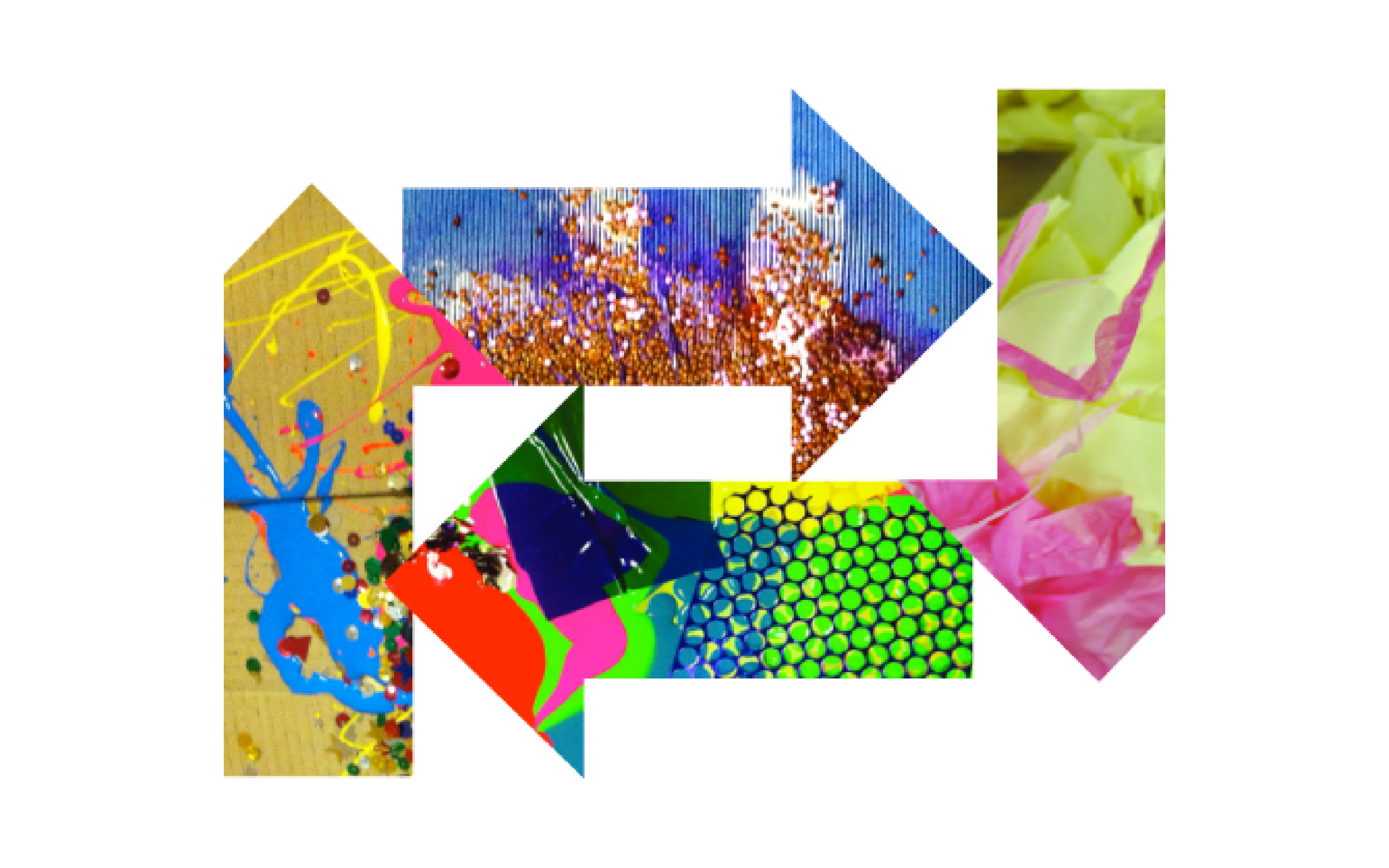 A graphic poster with four arrows pointing in different directions filled with close up photographs of artworks.