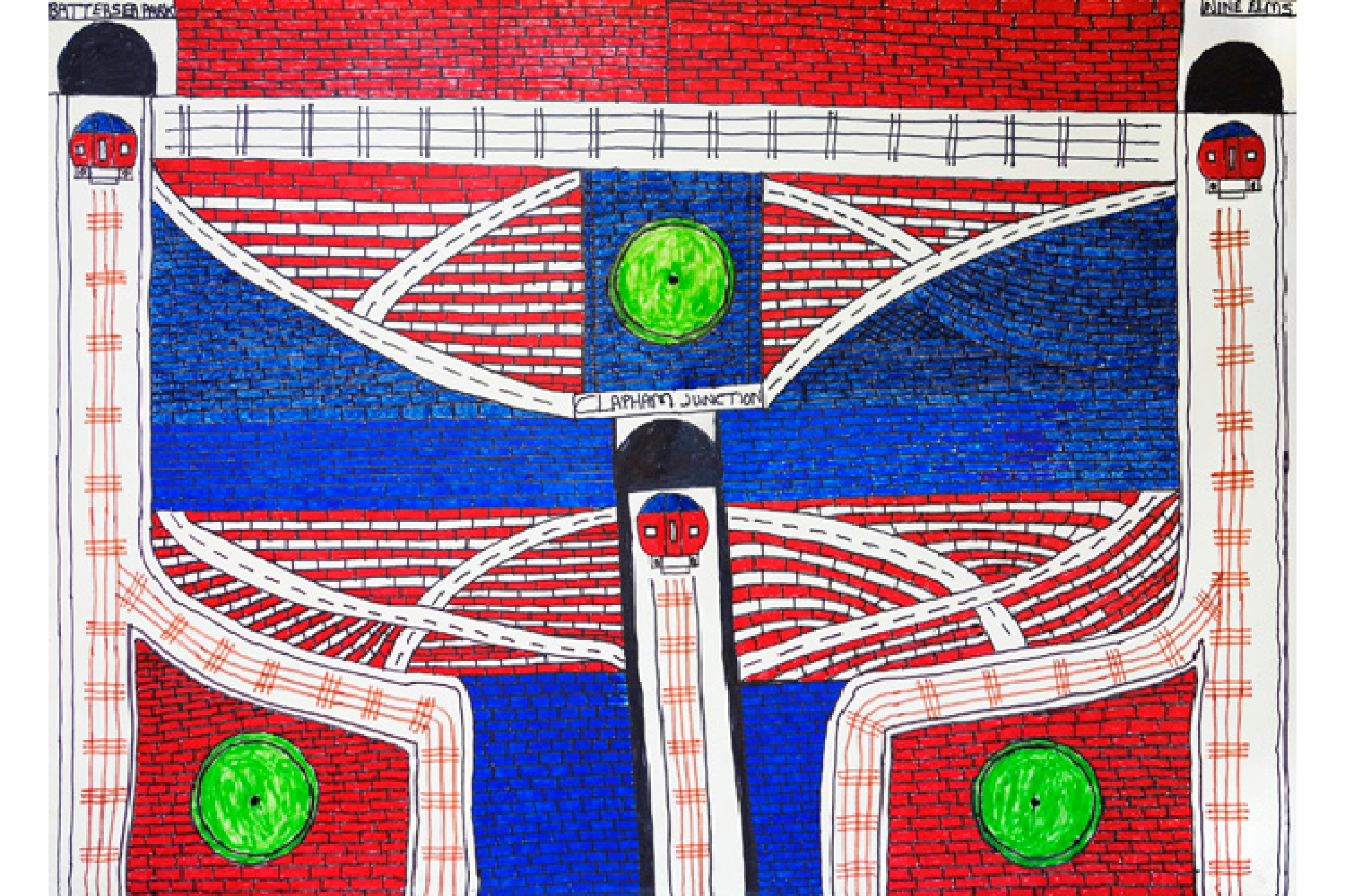 An abstract pen drawing depicting the railway tracks at Clapham Junction station, made up of red, blue, black and bright green.