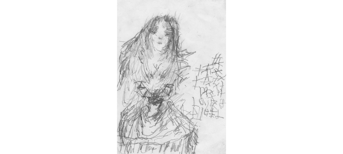 A whimsical pencil drawing of a woman made from short, gestural marks.