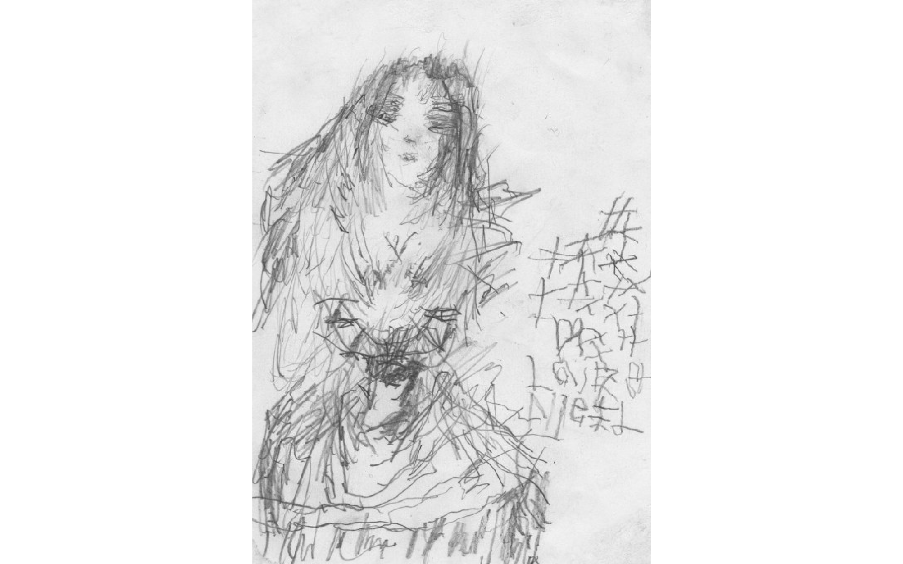 A whimsical pencil drawing of a woman made from short, gestural marks.