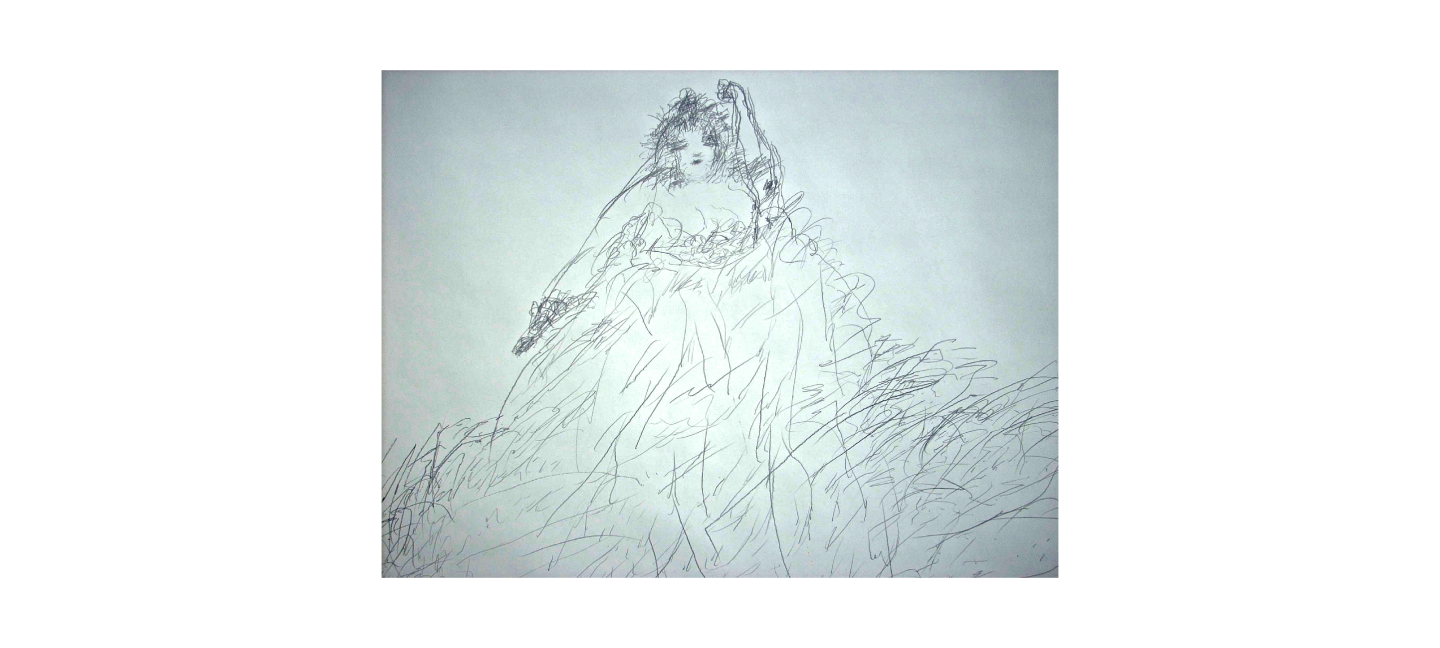 A whimsical pencil drawing of a woman made from short, gestural marks.