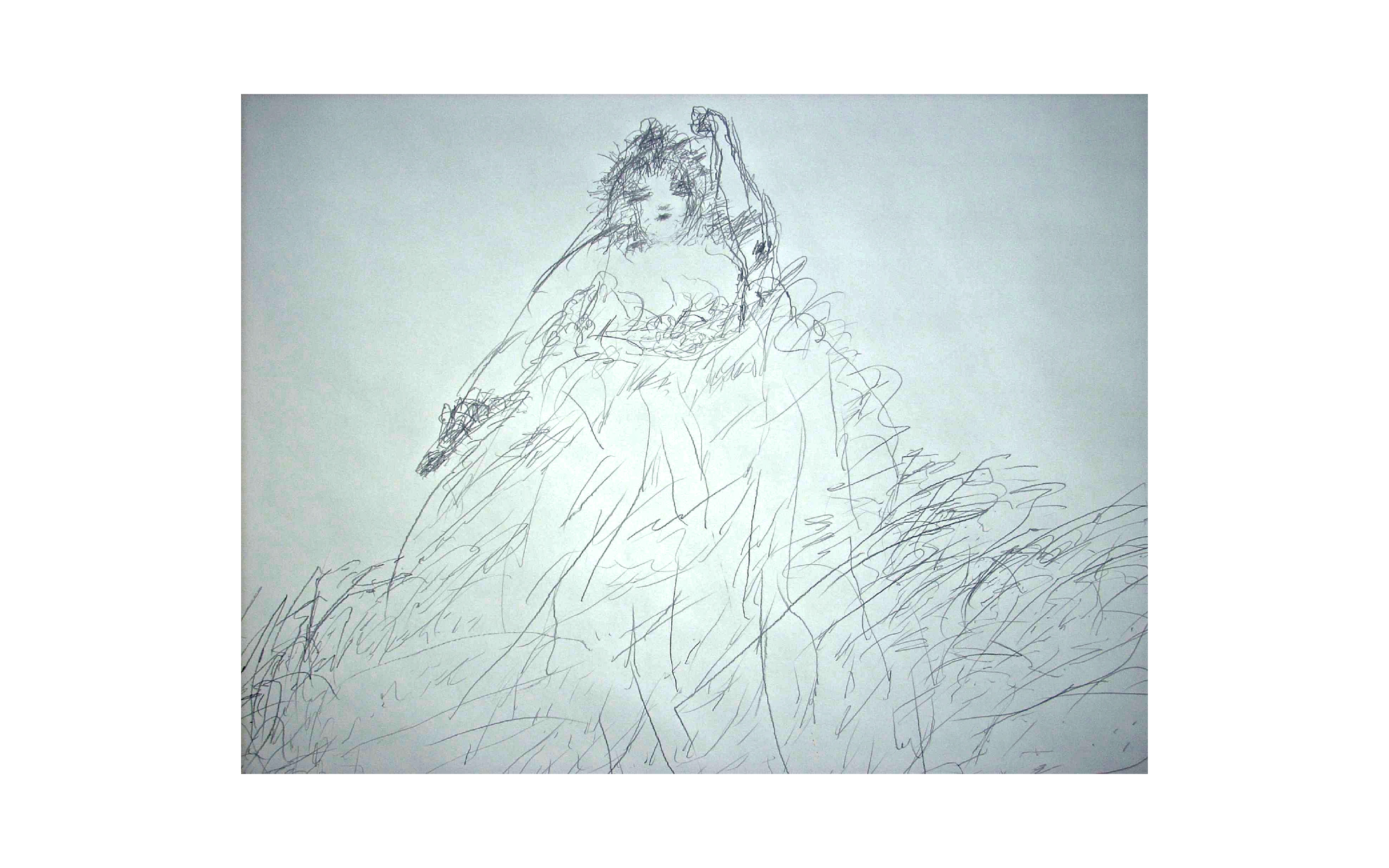 A whimsical pencil drawing of a woman made from short, gestural marks.