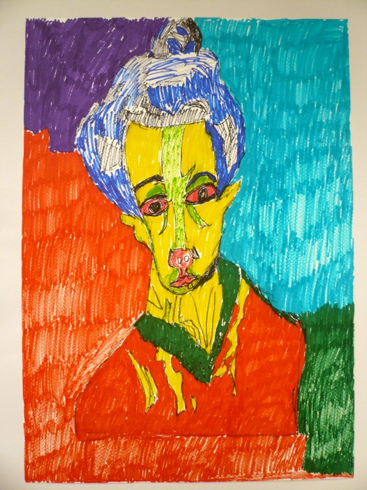 A felt tip portrait of a woman with a dogs nose. its colourful and bright.