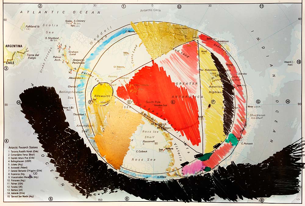 A coloured in map, with various colourful shapes drawn over ot