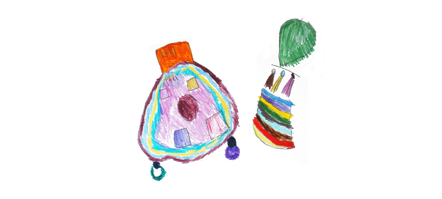 A coloured pencil drawing of two abstract objects with "tasi tai" written inside one of them.