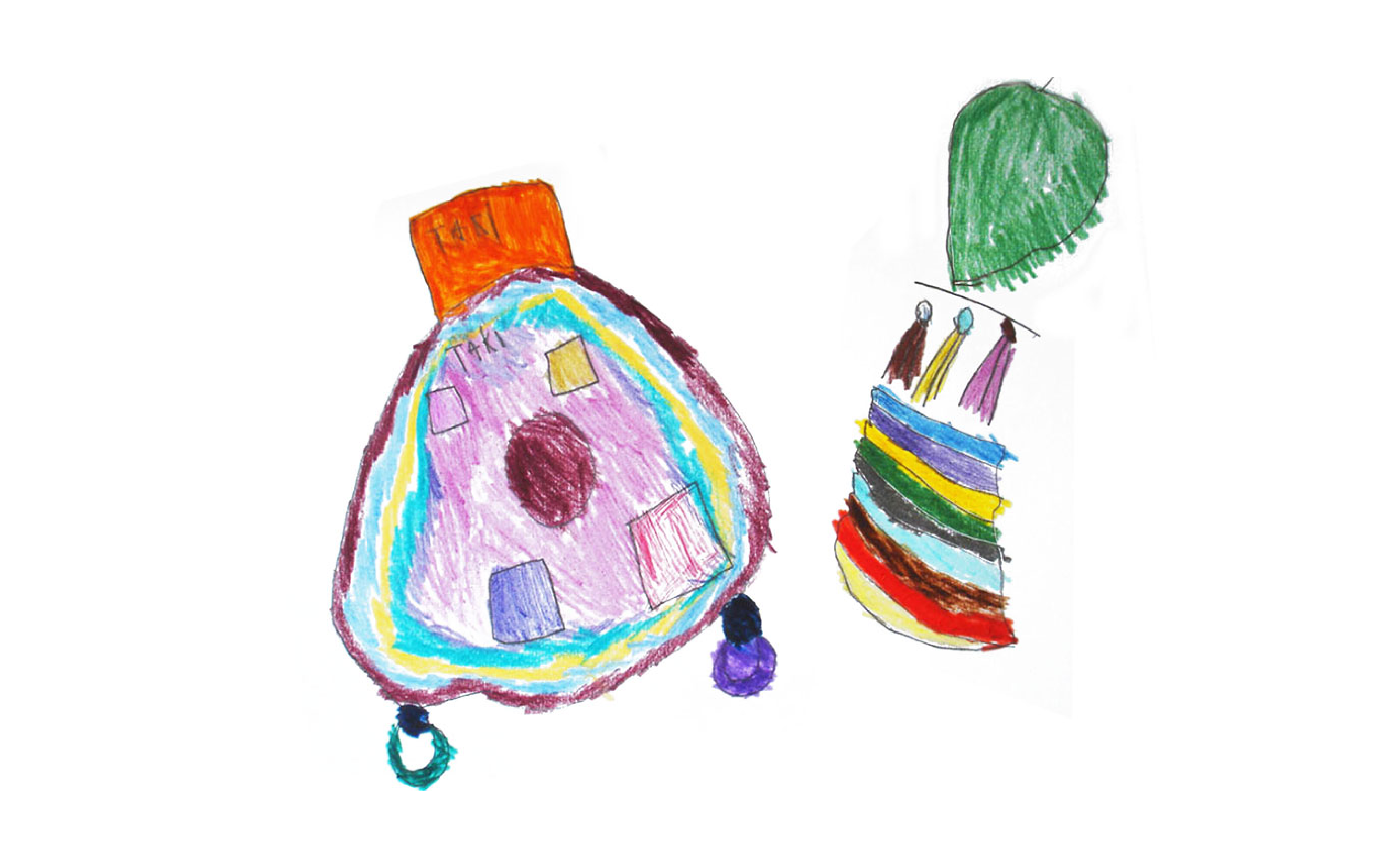 A coloured pencil drawing of two abstract objects with "tasi tai" written inside one of them.